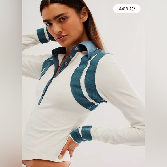 Free People White and Teal Long Sleeve Top - Picture 2 of 10